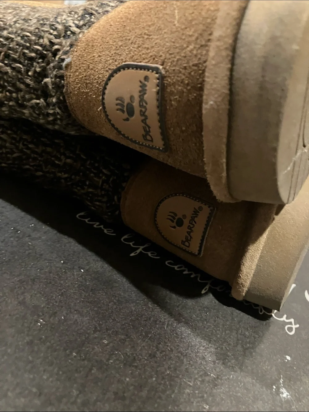 BearPaw Tan Suede and Charcoal Knit Winter Boots